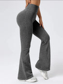 Calças femininas de cintura alta com fundo de sino, ajuste justo esportivo, design elástico confortável, ideal para exercícios e uso diário