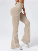 Calças femininas de cintura alta com fundo de sino, ajuste justo esportivo, design elástico confortável, ideal para exercícios e uso diário